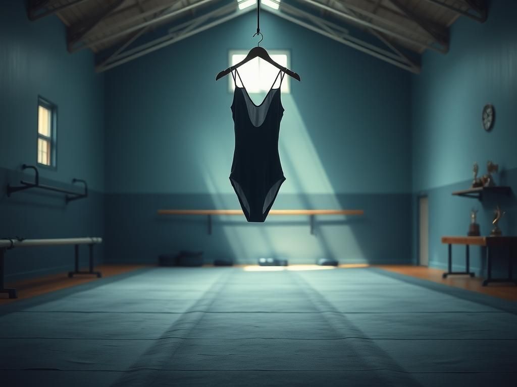 Flick International A lonely gymnast's leotard hanging in an empty training gym, surrounded by muted colors