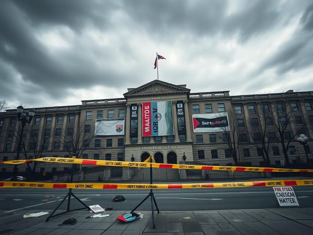 Flick International Exterior view of Barnard College draped in anti-Israel protest banners