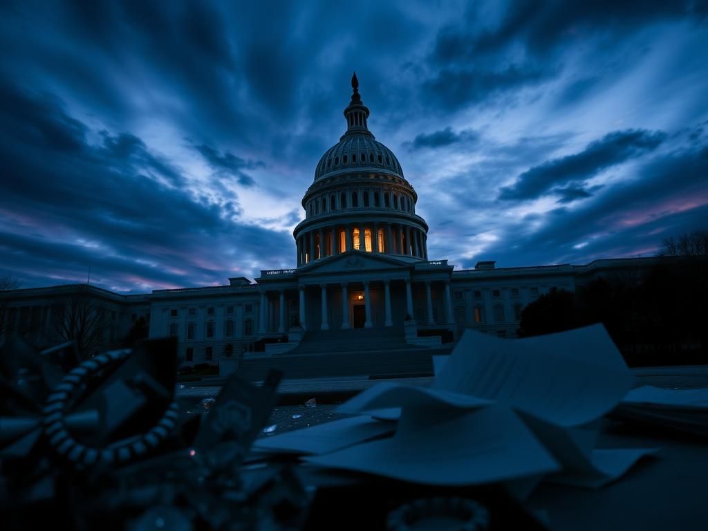 Flick International A dramatic depiction of the U.S. Capitol Building at twilight with shattered glass and scattered documents