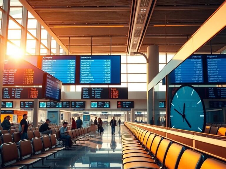 Flick International Busy airport terminal with digital flight boards and empty boarding gates