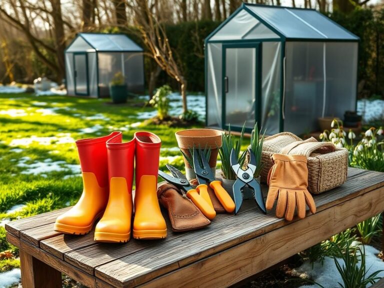 Flick International A serene garden setting with colorful gardening tools on a rustic table