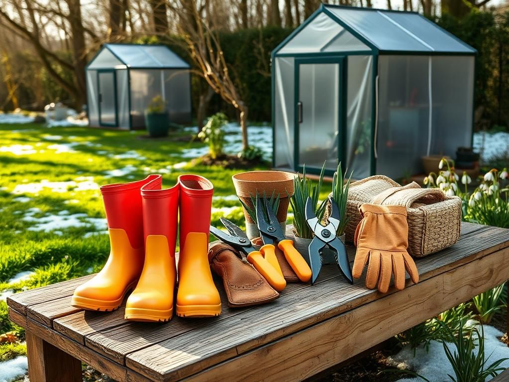 Flick International A serene garden setting with colorful gardening tools on a rustic table