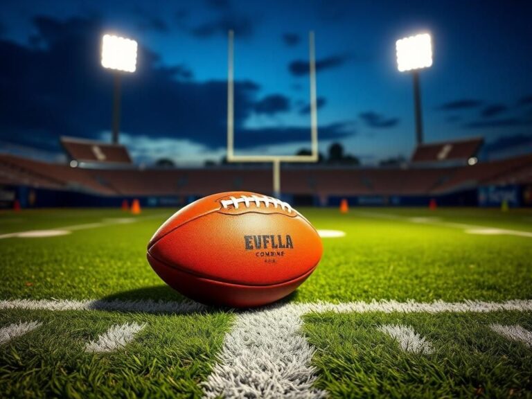 Flick International A football resting on a chalk line at the NFL combine