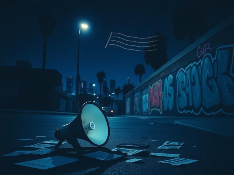 Flick International Nighttime urban scene in South-Central Los Angeles with megaphone and graffiti