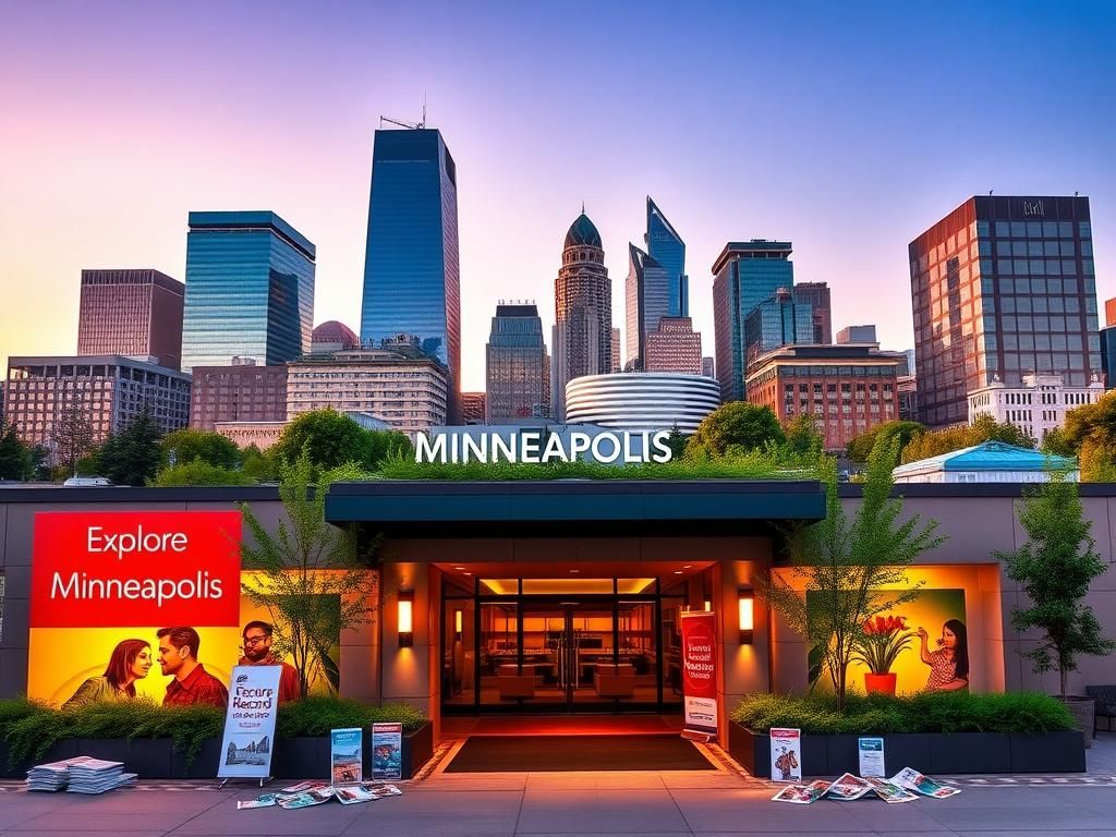 Flick International Vibrant Minneapolis skyline at sunset with modern hotel entrance