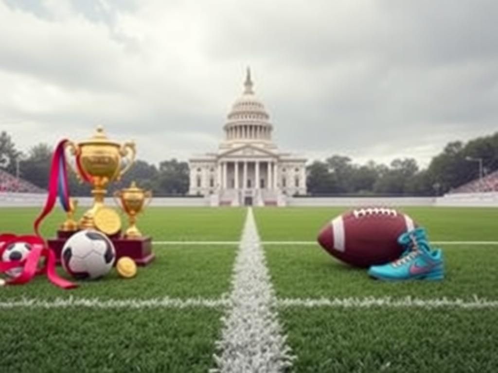 Flick International A divided soccer field symbolizing the split between male and female sports with trophies and running shoes