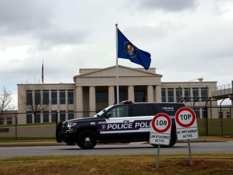 Flick International Virginia State Police vehicle parked in front of a government building with state flag in foreground