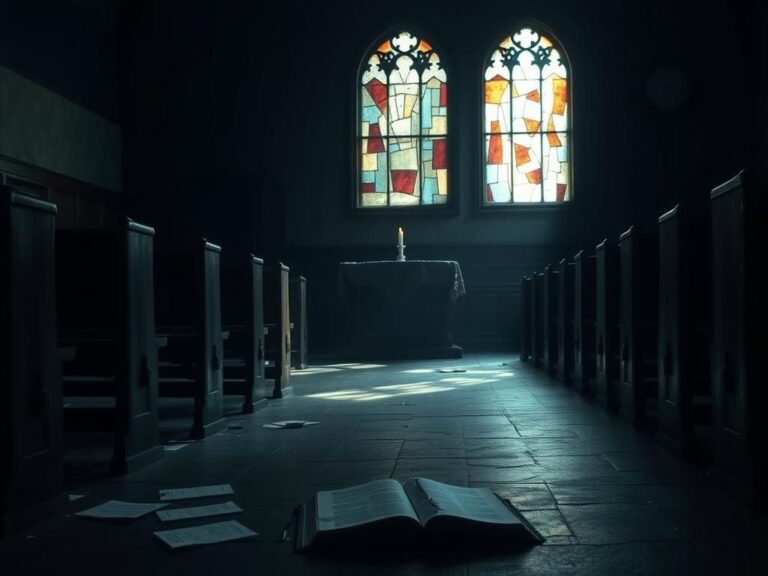 Flick International Dimly lit interior of a deserted church with shattered stained glass window