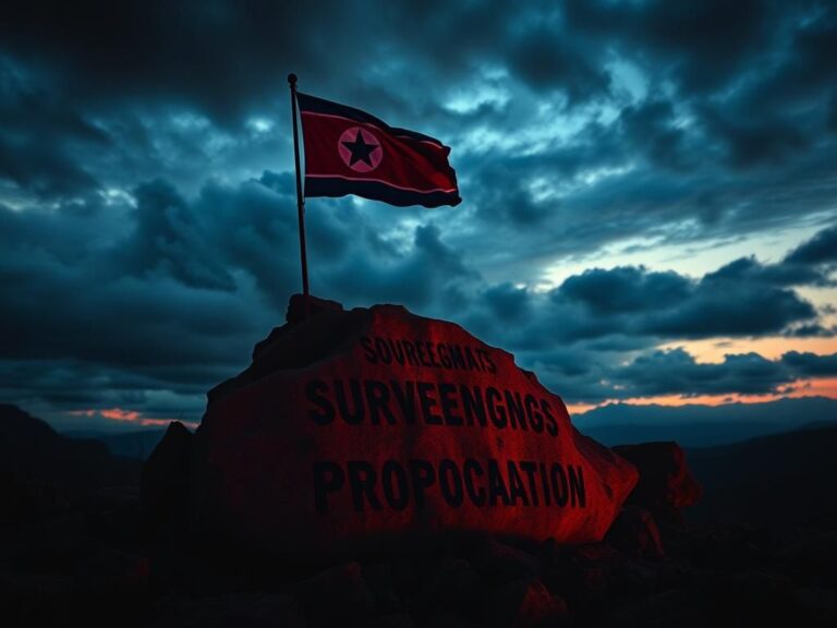 Flick International Stormy landscape with North Korea's flag representing tension and conflict