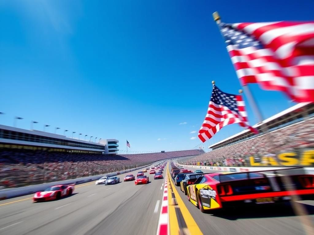 Flick International Colorful race cars speeding at Daytona International Speedway under a clear blue sky