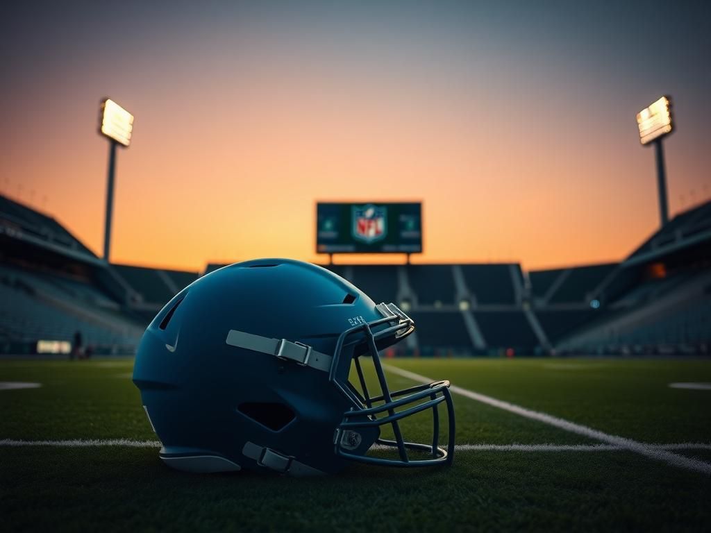 Flick International A large University of North Carolina football helmet on a lush green field at dusk