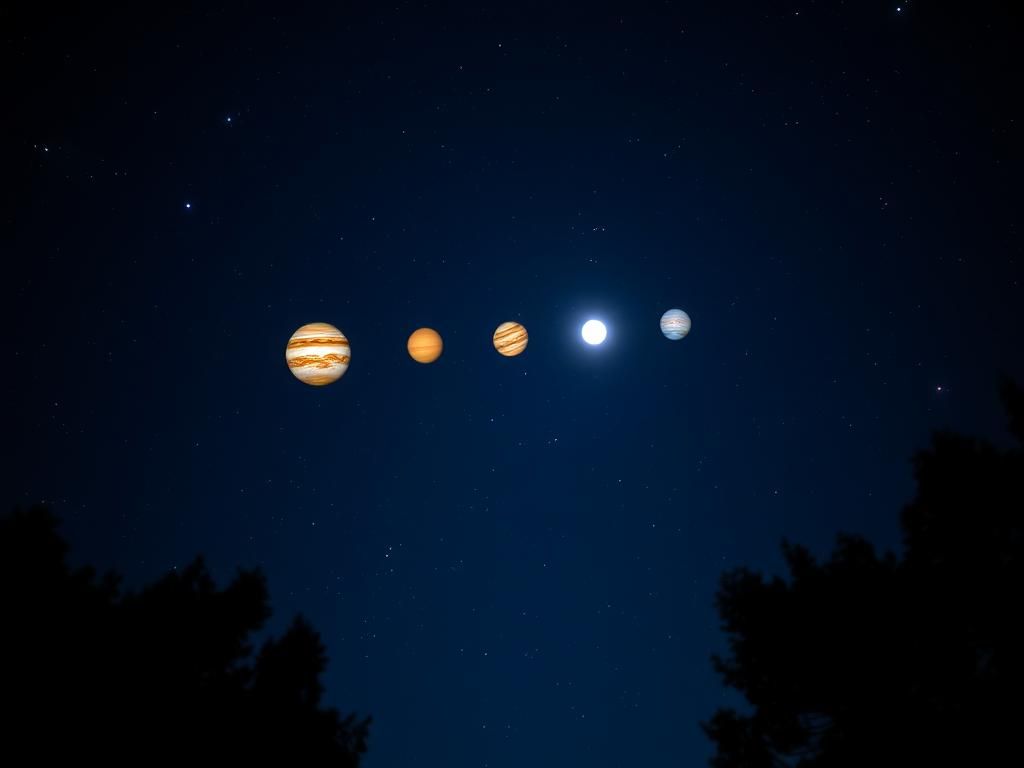 Flick International A breathtaking view of seven planets in a night sky during the planetary alignment.