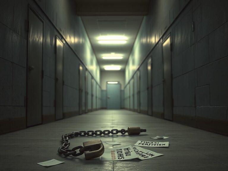 Flick International Dimly lit prison corridor with heavy metal doors and a large chain on the ground