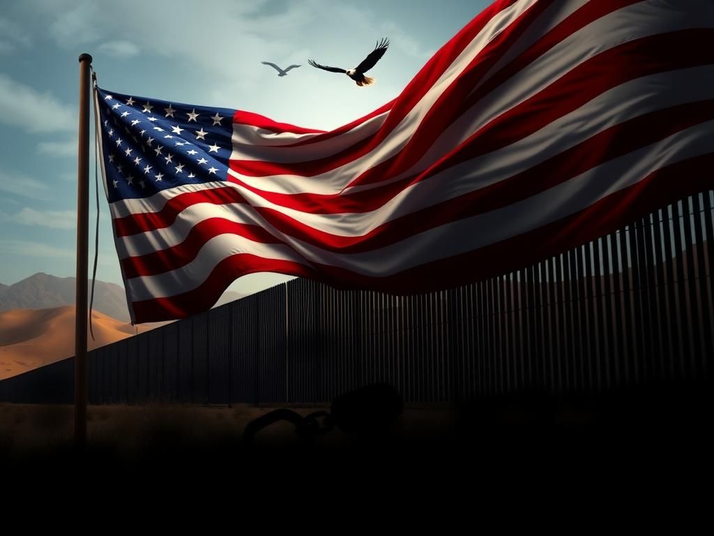 Flick International U.S. flag billowing in front of a stylized border wall and desert landscape