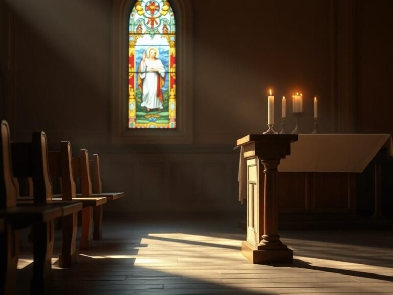 Flick International Softly lit chapel with an empty wooden pew and flickering candle