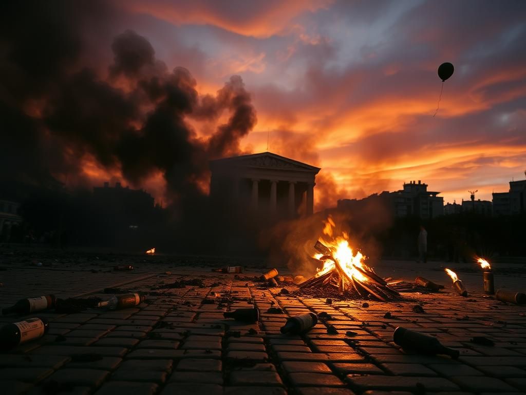 Flick International A dramatic scene of protests near the Greek parliament in Athens, with smoke and debris visible