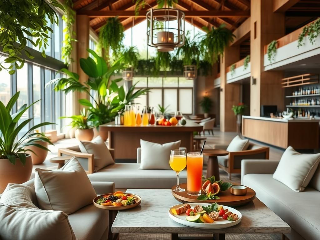 Flick International Serene hotel lobby with lush greenery and non-alcoholic beverage bar