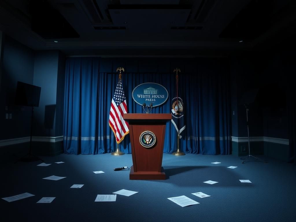 Flick International Dimly lit press conference room with podium and American flag, symbolizing political scrutiny