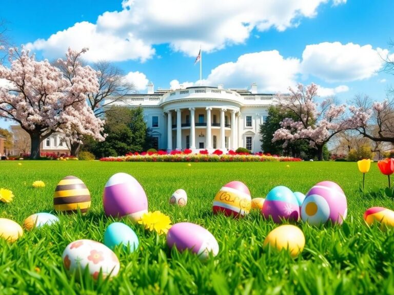 Flick International Vibrant spring scene on the South Lawn of the White House with colorful Easter eggs and blooming flowers