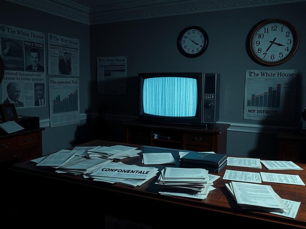 Flick International Dimly lit office representing the White House with cluttered desk and static television symbolizing misinformation