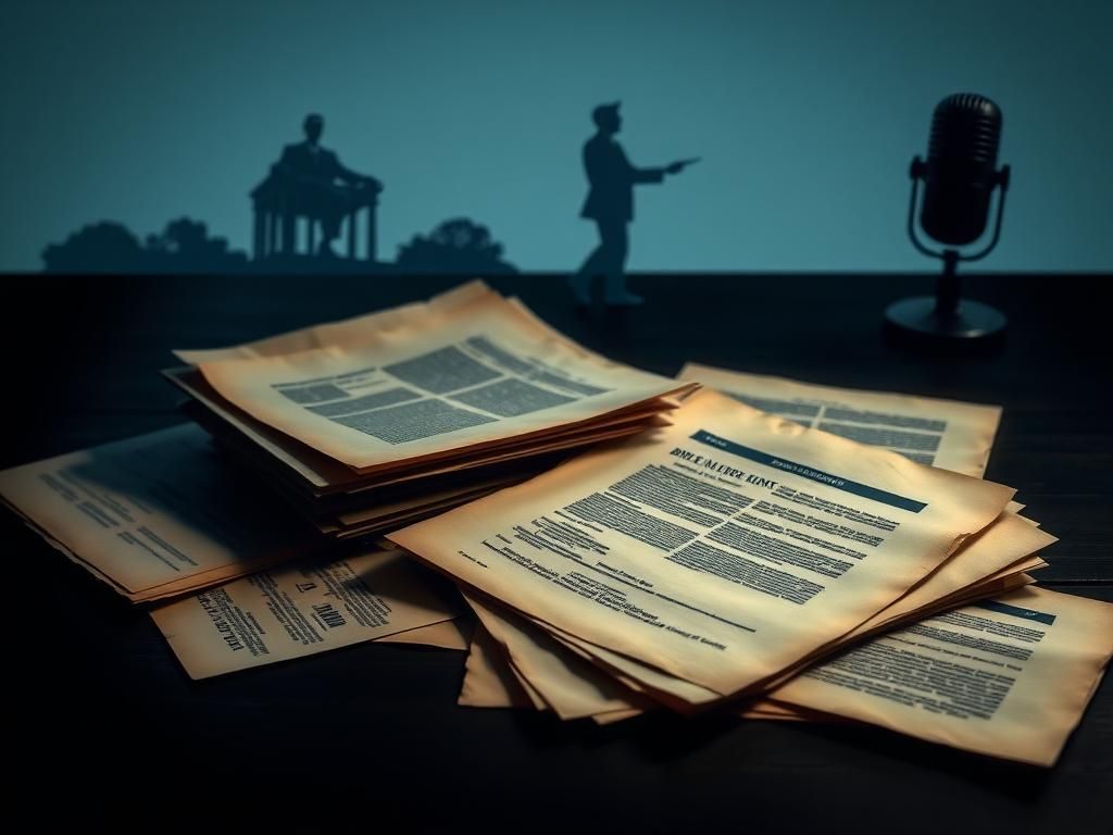 Flick International Stack of aged documents on a dark wooden table with redacted information