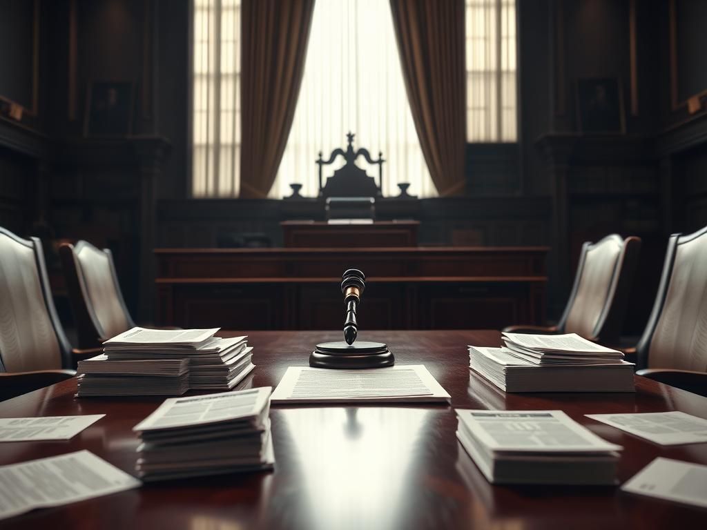 Flick International Aerial view of a courtroom with a judge's bench and legal documents