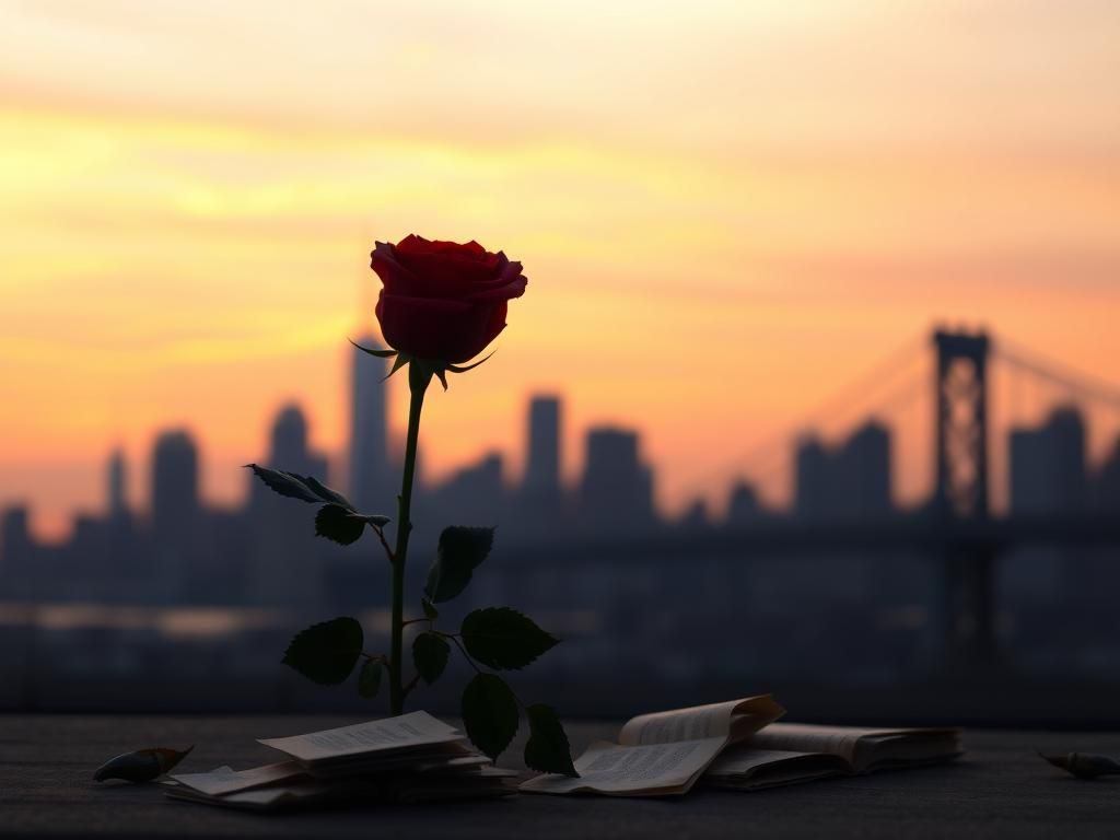 Flick International Serene sunset over New York skyline with a red rose symbolizing resilience and memory