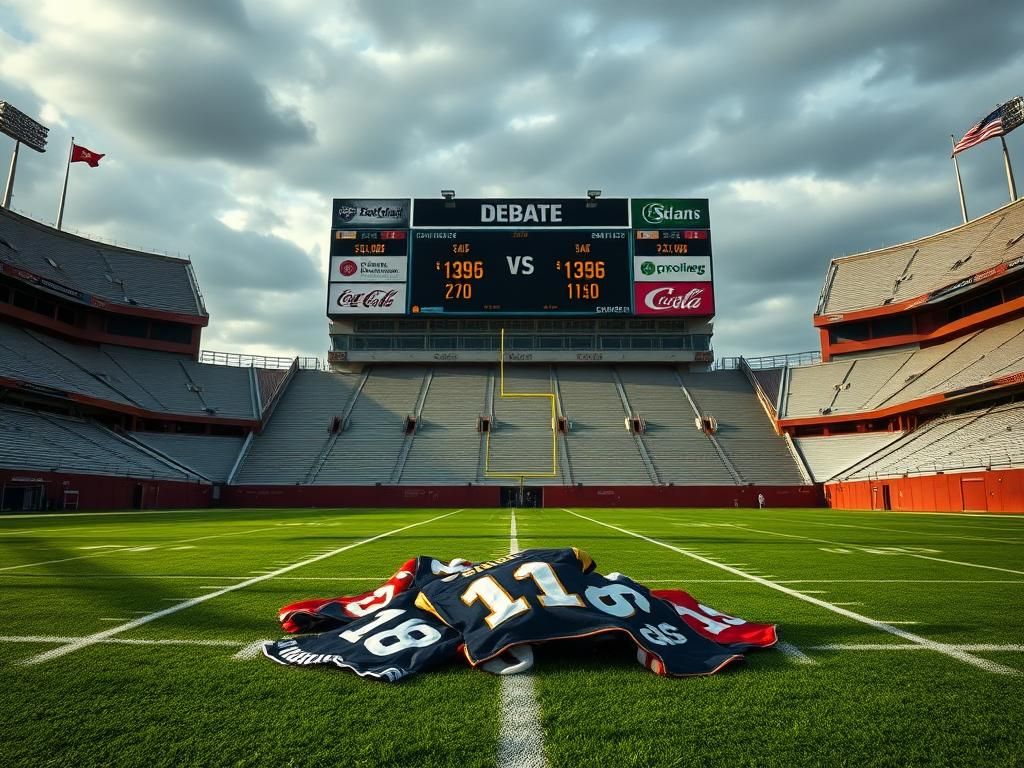 Flick International Empty college football stadium with banners and a scoreboard reflecting financial figures