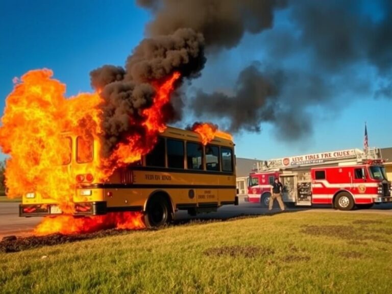 Flick International School bus engulfed in flames with smoke rising