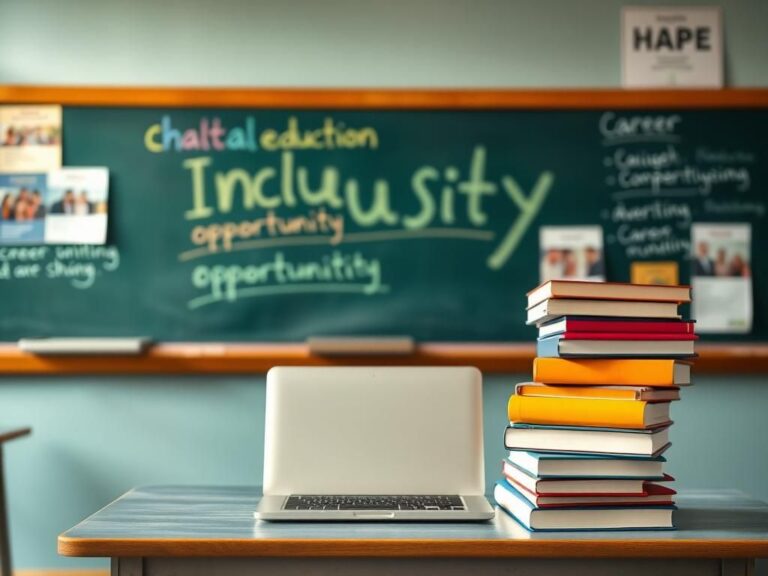 Flick International Classroom scene with empty desk, closed laptop, and colorful textbooks symbolizing diversity in education