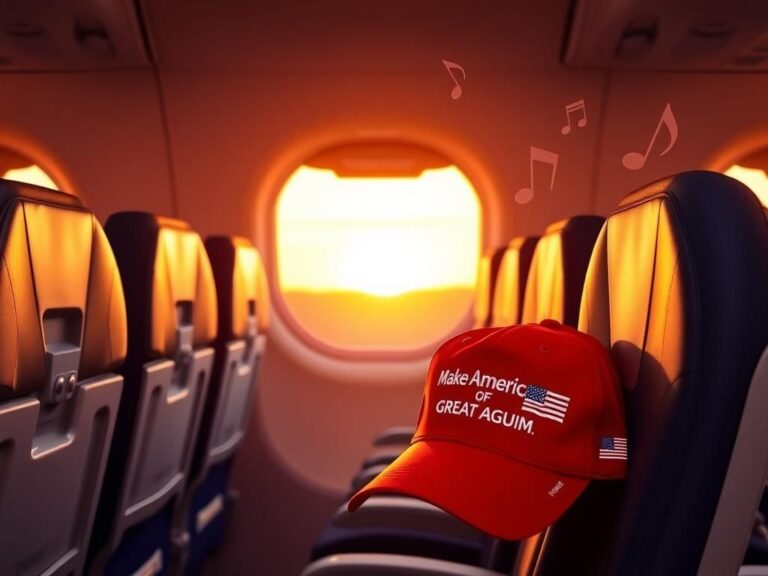 Flick International Interior view of a Southwest Airlines cabin with a 'Make America Great Again' hat and sunset sky