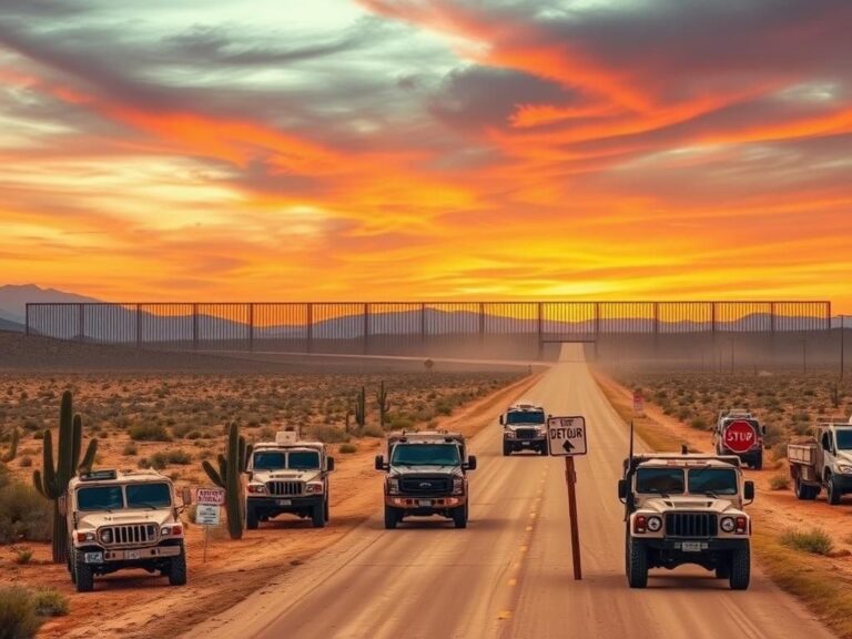 Flick International Military vehicles stationed along the southern U.S. border amidst rugged terrain