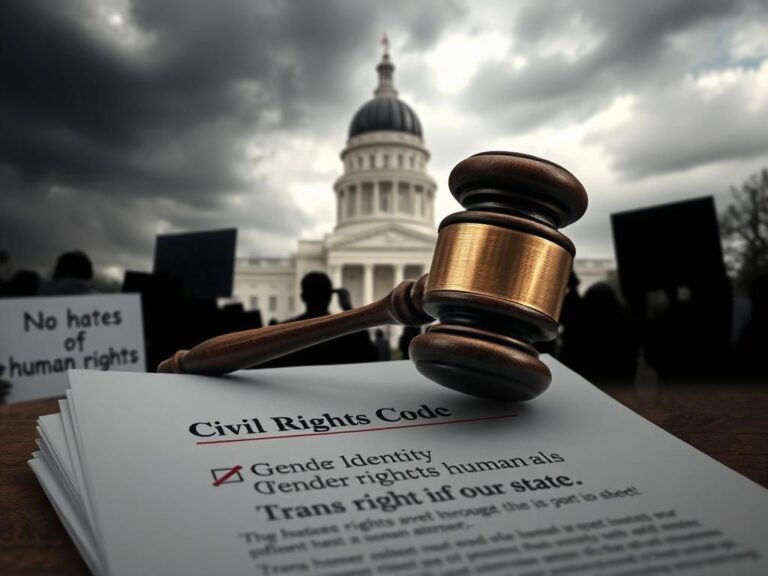 Flick International A weathered gavel on legal documents with crossed-out gender identity text signifying the removal of transgender protections in Iowa