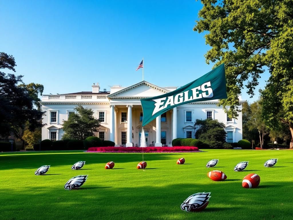 Flick International A vibrant image of the White House lawn with a Philadelphia Eagles banner and footballs, celebrating the team's Super Bowl victory.