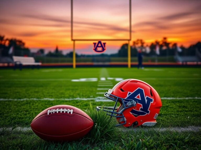 Flick International Auburn football field at dusk with a helmet and football symbolizing resilience