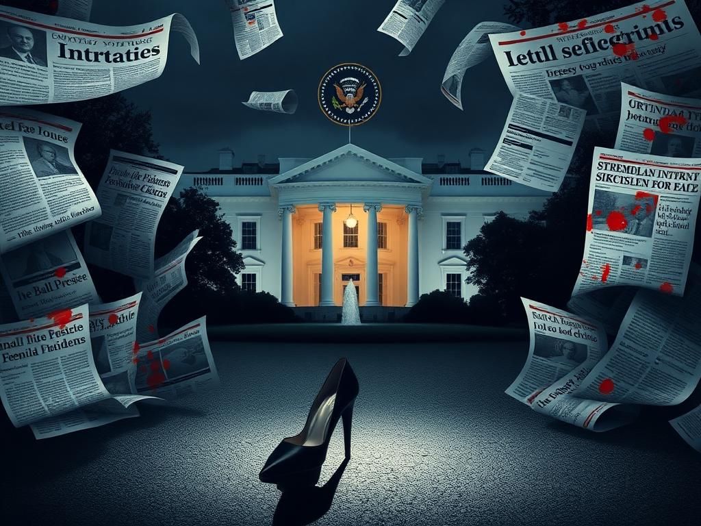 Flick International Shadowy White House with swirling headlines representing media scrutiny of Monica Lewinsky