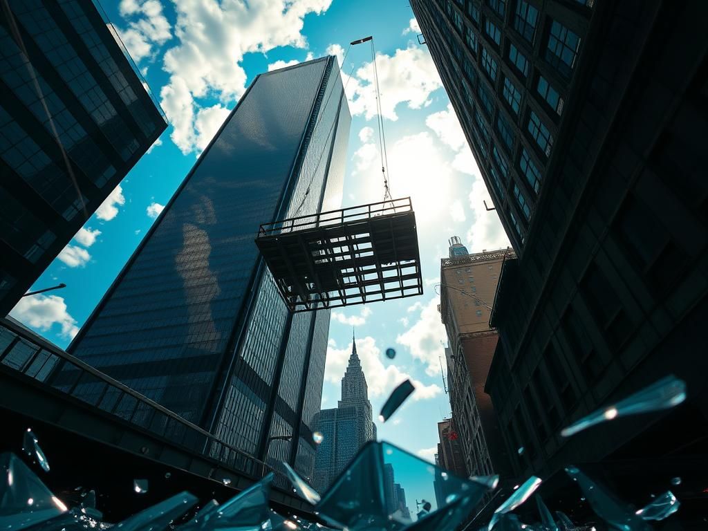 Flick International Window washers in a precarious situation 78 stories high amidst a New York City skyscraper