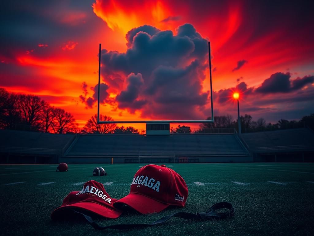 Flick International Dramatic high school football field at dusk with silhouetted goalposts and a torn MAGA hat