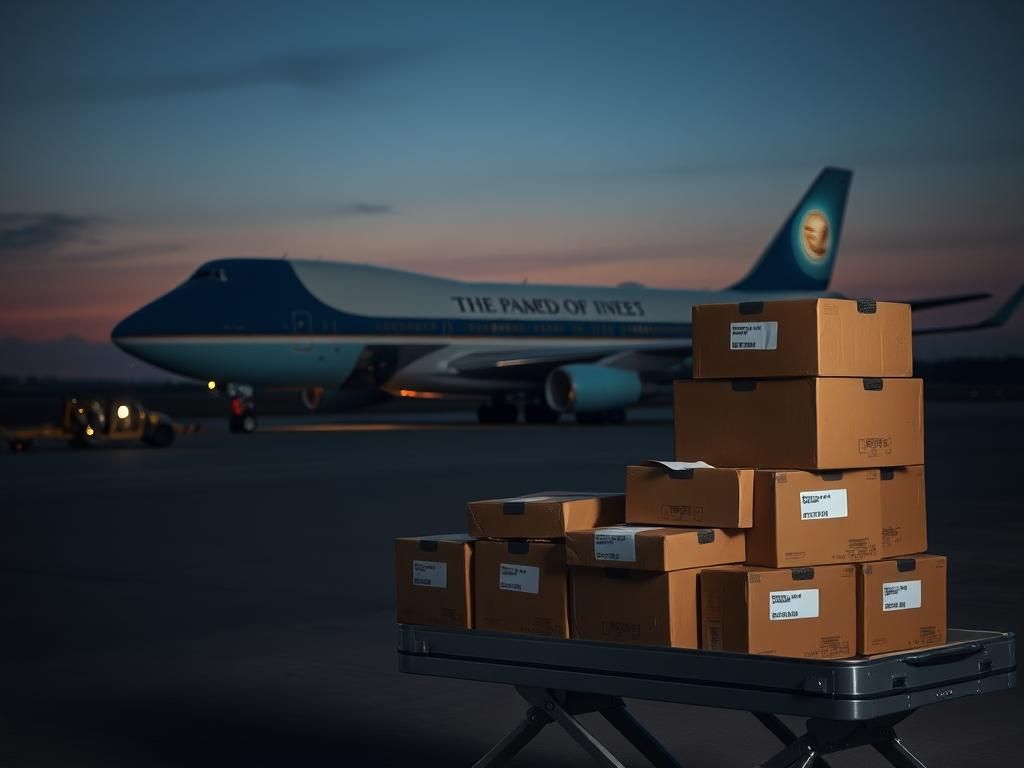 Flick International Air Force One parked at Joint Base Andrews with cardboard boxes of seized items being loaded