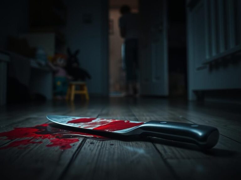 Flick International Bloodstained kitchen knife on wooden floor symbolizing violence and tragedy