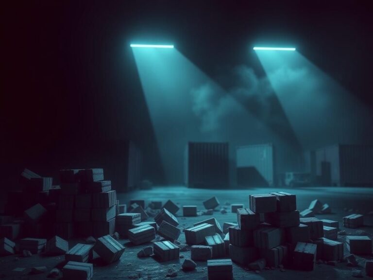 Flick International Abstract depiction of a dark warehouse with cocaine bricks and shipping containers symbolizing drug trafficking