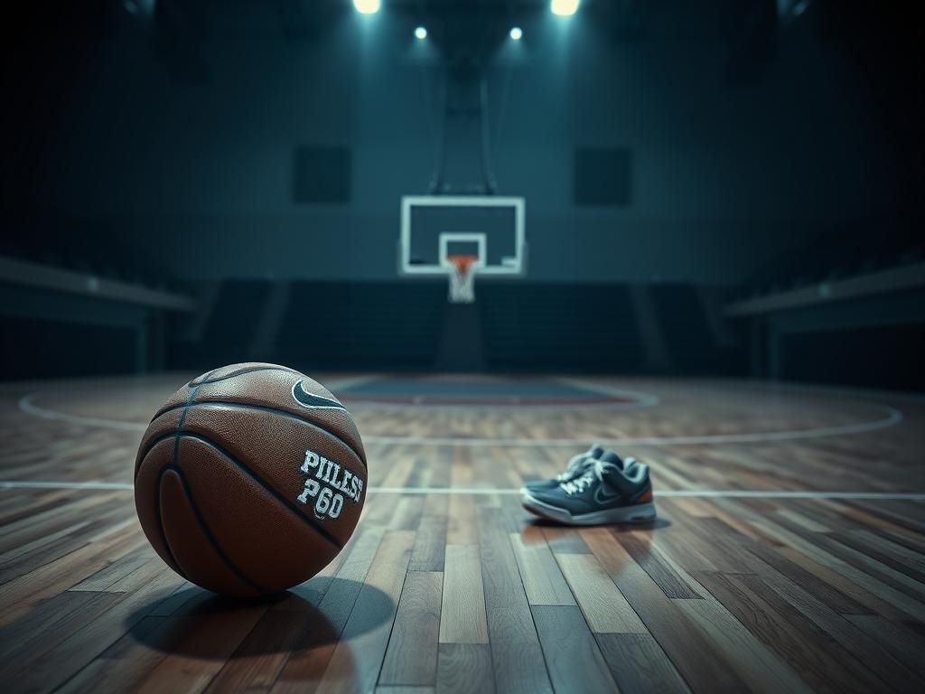 Flick International Close-up of a partially deflated basketball on a dimly lit gym floor