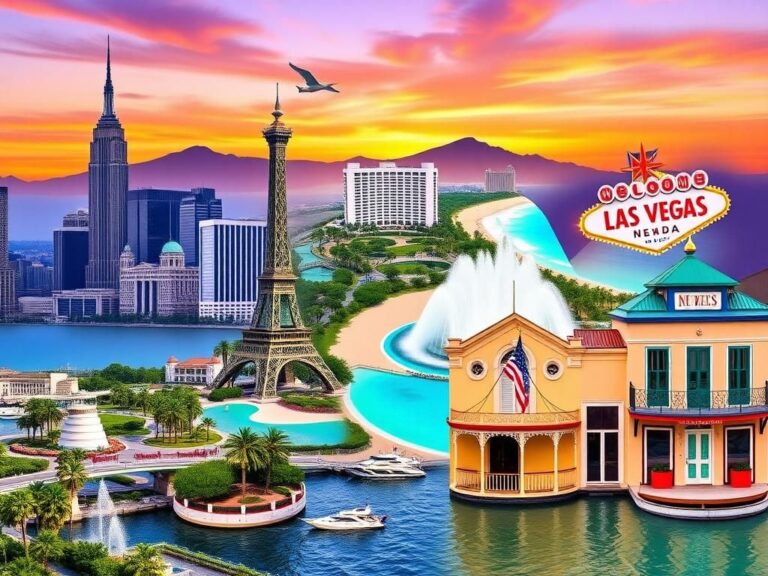 Flick International A vibrant collage of iconic landmarks including the Empire State Building, Diamond Head State Monument, Fountains of Bellagio, Florida Keys, and New Orleans architecture against a sunset sky.