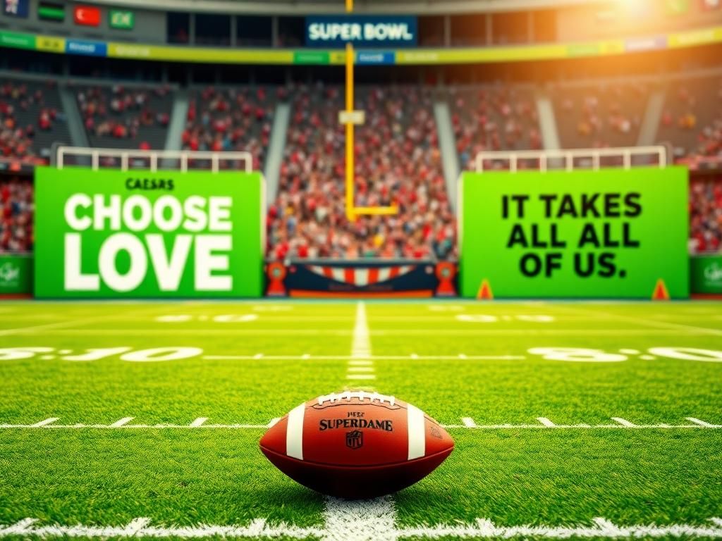 Flick International A vibrant football field scene in Caesars Superdome showcasing end zones with 'Choose Love' and 'It Takes All of Us' phrases