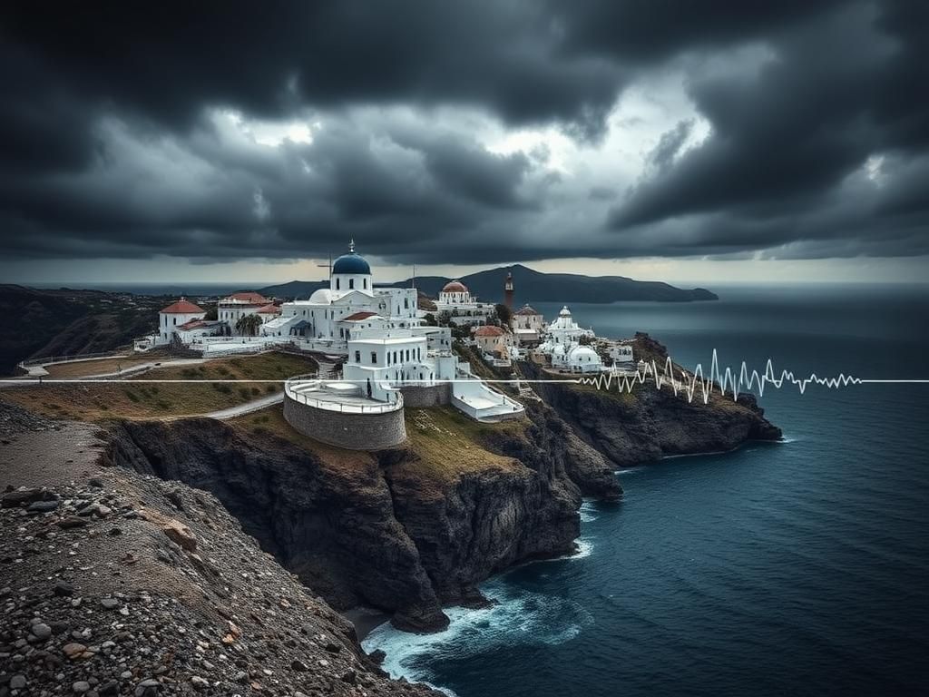 Flick International Dramatic landscape of Santorini, Greece, showcasing volcanic cliffs and whitewashed buildings under stormy skies