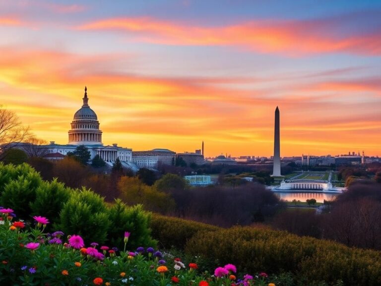 Flick International Panoramic view of the Washington, D.C. skyline at sunset showcasing iconic landmarks