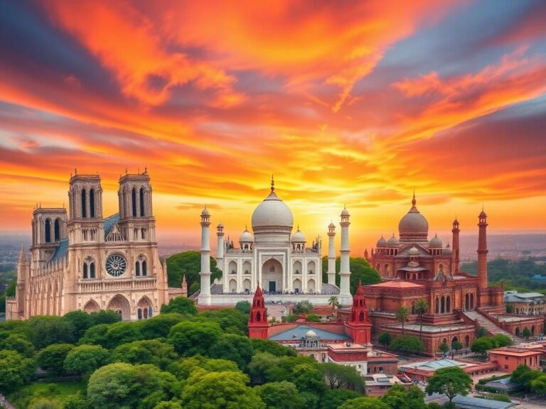 Flick International Aerial view of iconic religious landmarks including Notre Dame, Sagrada Família, Taj Mahal, and Angkor Wat at sunset