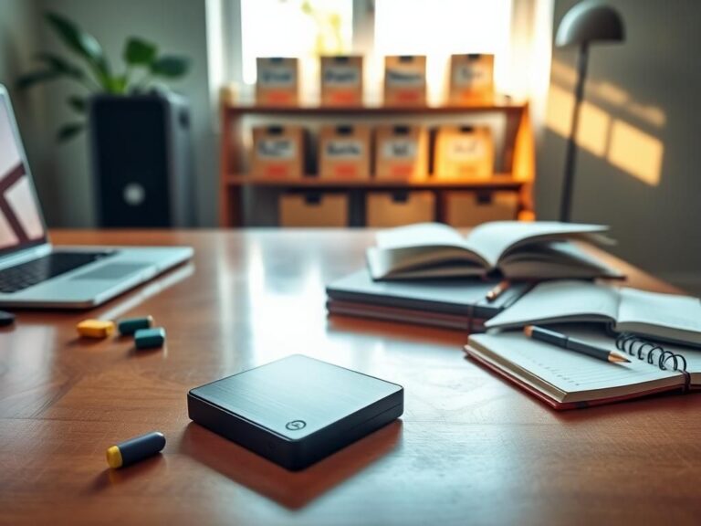 Flick International A serene home office workspace featuring an external SSD hard drive on a polished wooden desk.