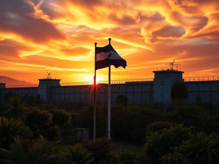 Flick International Dramatic landscape of a large prison facility in El Salvador under a vibrant sunset