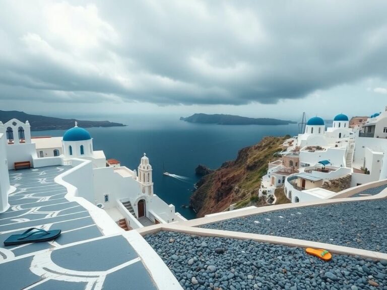 Flick International A serene view of Santorini's caldera showing white-washed buildings and stormy skies after recent earthquakes.